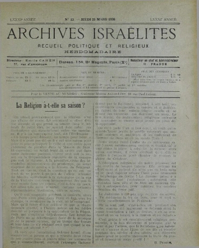 Archives israélites de France. Vol.81 N°13 (25 mars 1920)